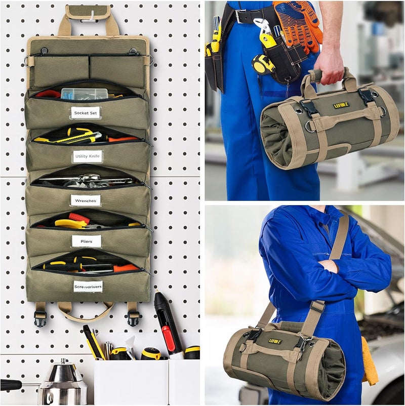 LEFORZ Tool Bag,Large Roll Up Tool Bag Organizer,13 Pockets Tool Roll Storage Pouch,Heavy Duty Portable Tool Storage Carrier Bag for Men,Mechanic,Electrician & Hobbyist,Olive Green - Image 5
